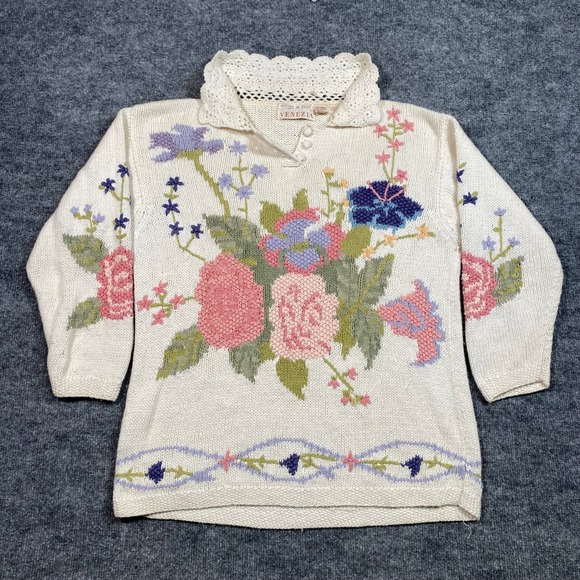 Venezia Sweaters - Venezia Vintage Hand Knitted Floral Sweater Crochet Collar White Womens 18/20